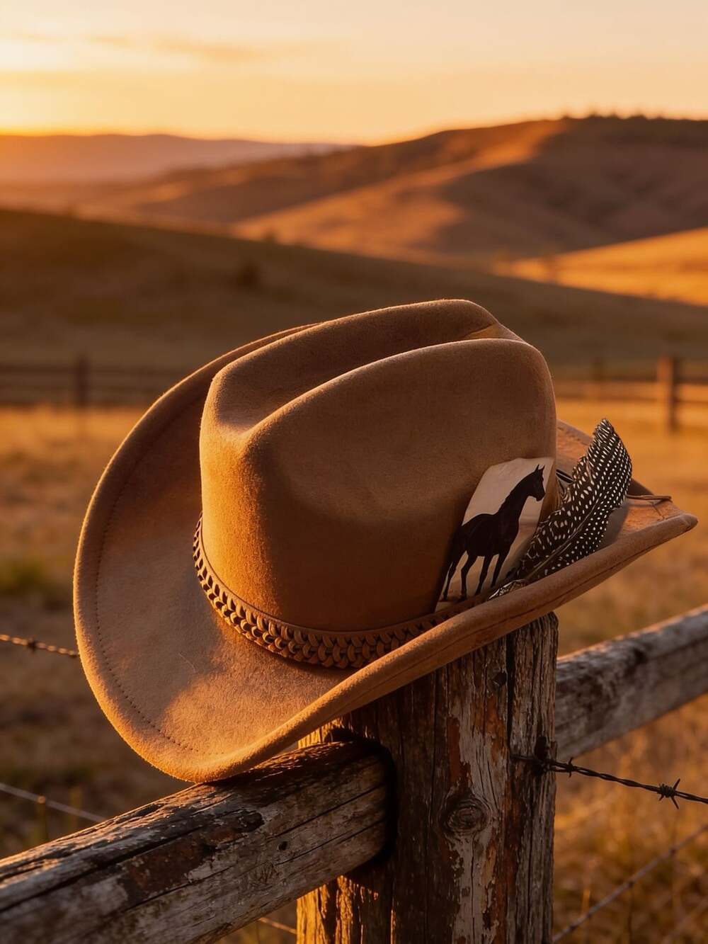 Brown Faux Suede Cowboy Hat Woven Band Feathers